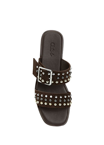 Beymen Club Brown Stud Women's Suede Slippers - 4