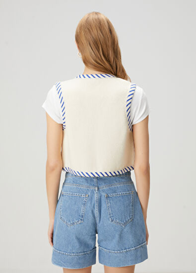 Beymen Club Kırık Beyaz Mavi Nakışlı Yelek - 6