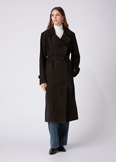 Beymen Club Dark Brown Suede Trench Coat - 5
