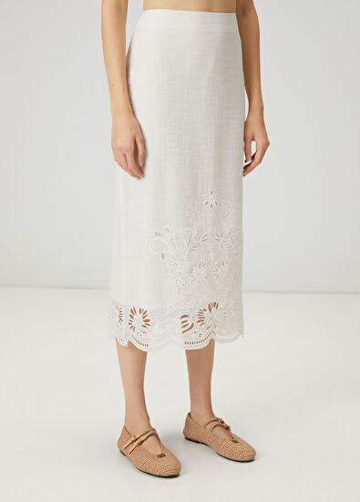 Beymen Club Kırık Beyaz Nakışlı Midi Etek - 3