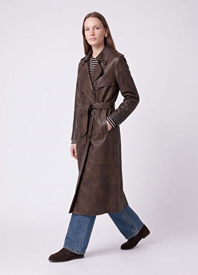 Beymen Club Brown Lightly Distressed Leather Coat - 3
