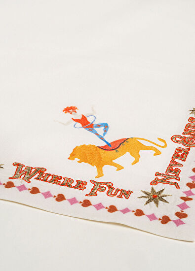 Zsa Zsa Zsu Nilüfer Digital Printed Embroidered Ecru Red Cotton 2-Piece Napkin Set - 6