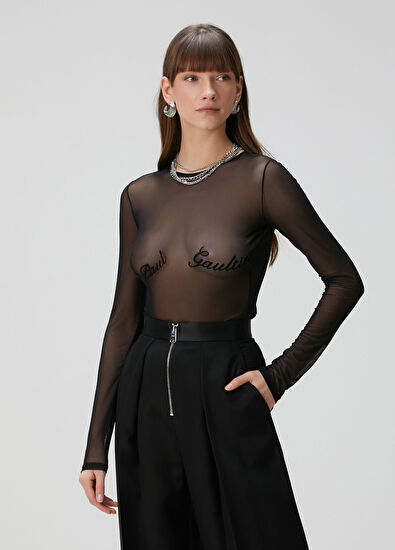 Jean Paul Gaultier Siyah Logolu Tül Bluz - 3