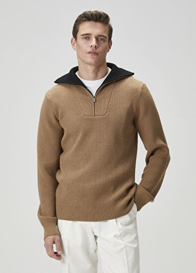 Beymen Club Camel Collar Zippered Sweater - 3