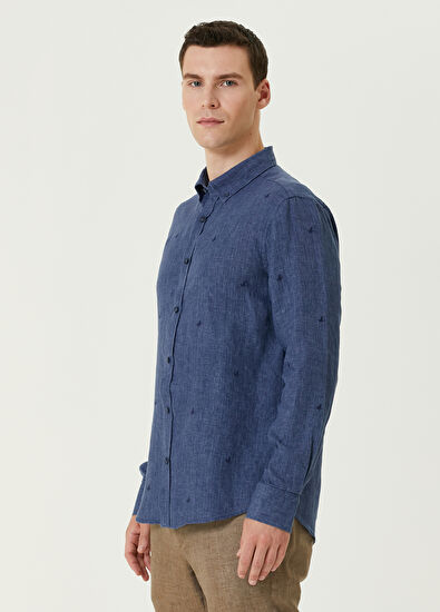 Beymen Club Comfort Fit Lacivert Mini Kaz Nakışlı Keten Gömlek - 4