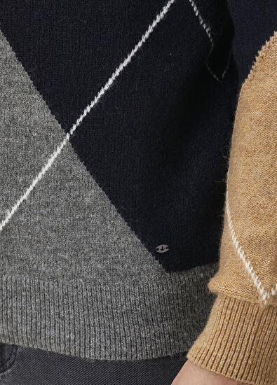 Beymen Club Grey Diamond Pattern Jacquard Sweater - 7