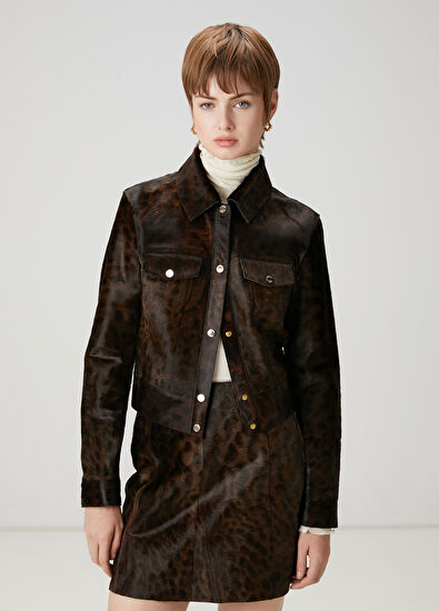 Beymen Club Koyu Kahverengi Desenli Trucker Deri Ceket - 3