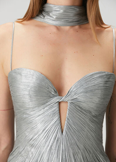 Tonia Mavi Maksi İpek Abiye Elbise - Görsel 7