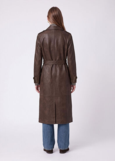 Beymen Club Brown Lightly Distressed Leather Coat - 4