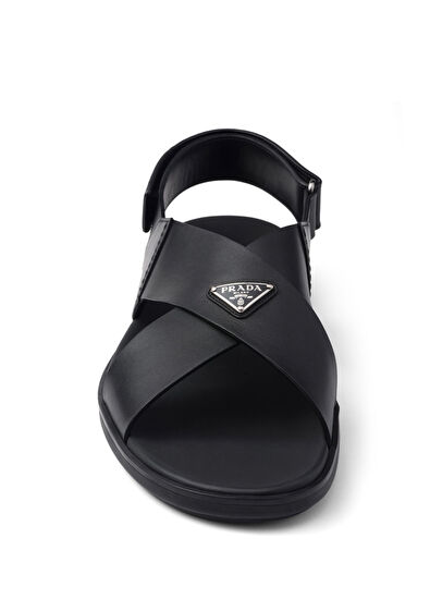 Prada Black Leather Cross Band Men's Slippers Sandals - 5