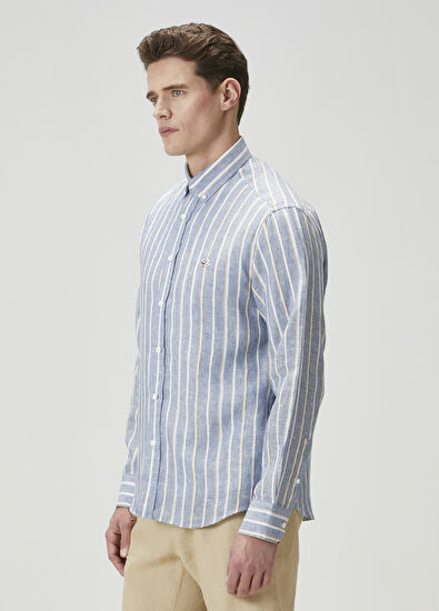 Beymen Club Comfort Fit Blue Stripe Patterned Linen Shirt - 4