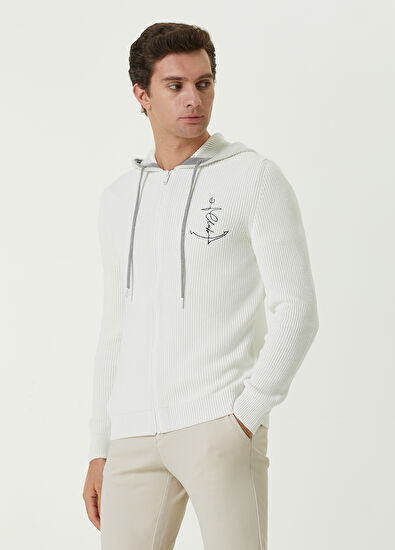 Beymen Club Beyaz Kapüşonlu Çapa Nakışlı Scuba Hırka - 3