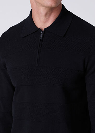 Beymen Club Black Polo Collar Horizontal Knit Block Sweater - 6