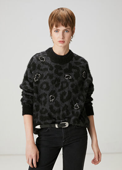 Beymen Club Siyah Leopar Desenli İşlemeli Kazak - 3