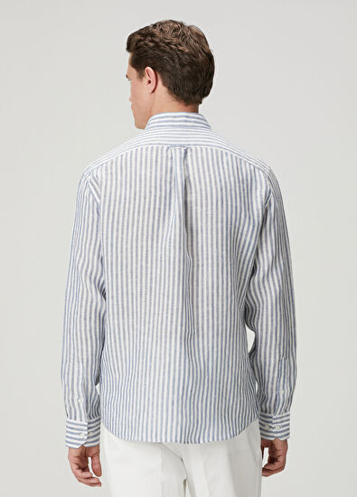 Beymen Club Comfort Fit Navy Blue White Striped Linen Shirt - 5