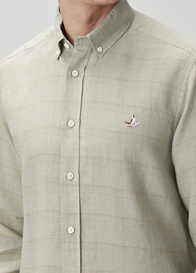 Beymen Club Comfort Fit Light Khaki Plaid Pattern Linen Shirt - 6