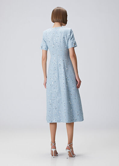 Mavi Payetli Midi Tweed Elbise - Görsel 6