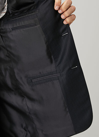 Lacivert Çizgi Desenli Yün Takım Elbise - Görsel 10