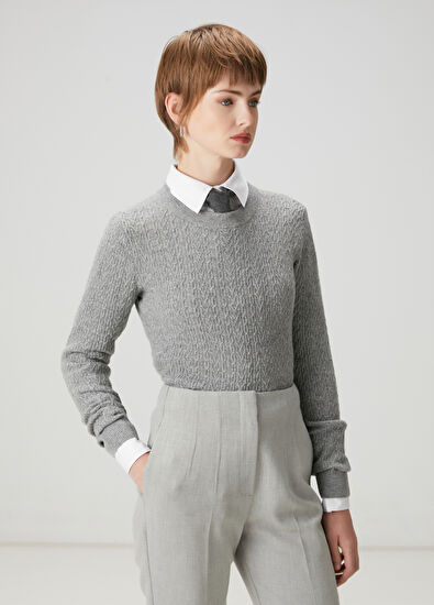 Beymen Club Gri Melanj Saç Örgü Yün Kazak - 3