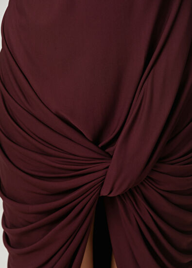 Bordo Drapeli Midi Kokteyl Elbise - Görsel 6