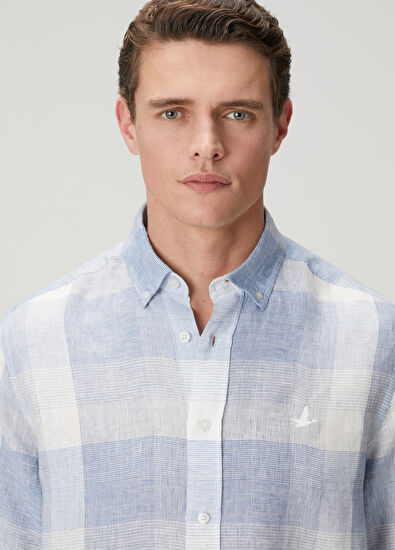 Beymen Club Comfort Fit Blue Plaid Patterned Linen Shirt - 6