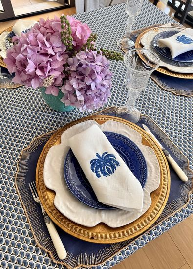 Homes & Seasons Beyaz Mavi Palmiye Nakışlı Keten Peçete Seti - 7