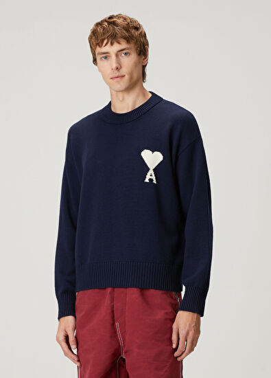 Ami Paris Navy Blue Logo Jacquard Wool Sweater - 3
