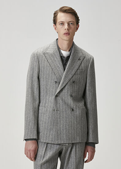 Beymen Club Gri Çizgi Desenli Kruvaze Ceket - 3