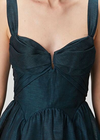 Rebellion Koyu Mavi Midi Keten Elbise - Görsel 6