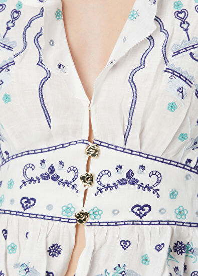 Camilla Mavi Beyaz Nakışlı Keten Gömlek - 5