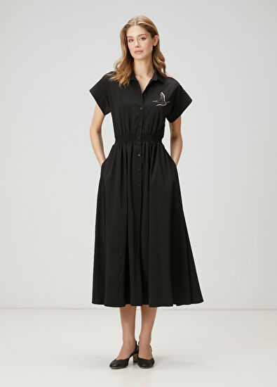 Beymen Club Siyah İşlemeli Midi Gömlek Elbise - 5