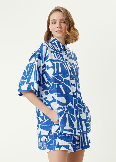 Beymen Club Beyaz Mavi Fayans Desenli Uzun Keten Gömlek - 3