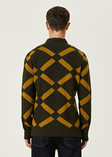 Beymen Club Khaki Geometric Jacquard Wool Felt Knit Cardigan - 5