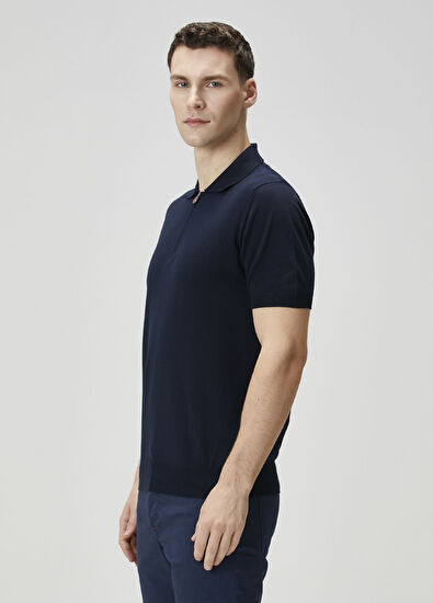 Koyu Mavi Polo Yaka Kısa Kollu Triko - Görsel 4