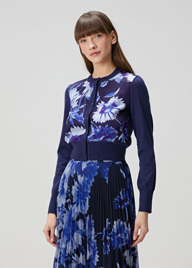 Erdem Mavi Çiçekli Yün Hırka - 3