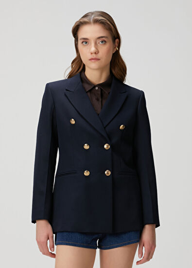 Sandro Sienne Navy Blue Double-Breasted Jacket - 3