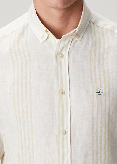 Beymen Club Comfort Fit Beige White Striped Linen Shirt - 6