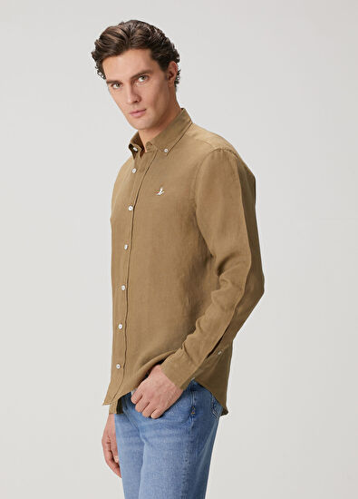 Beymen Club Vizon-Haki Comfort Fit Keten Gömlek - 5