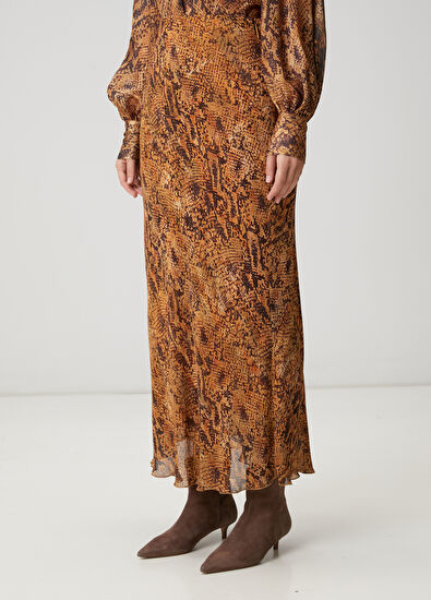Beymen Club Brown Snake Print Midi A-Line Chiffon Skirt - 3