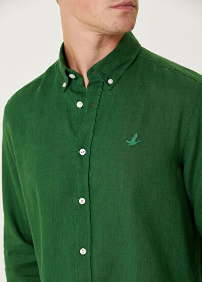Beymen Club Comfort Fit Green Linen Shirt - 4