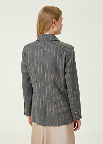 Beymen Club Grey Beige Notch Lapel Striped Double-Breasted Wool Blazer - 5