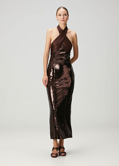 Retrofete Tamra Kahverengi Payetli Maksi Abiye Elbise - 3