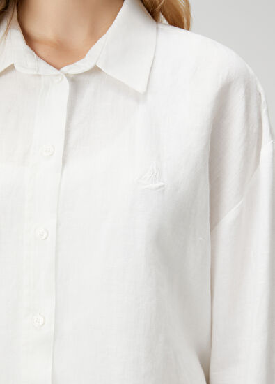 Beymen Club Kırık Beyaz Logolu Oversize Keten Gömlek - 5