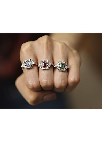 Reis Kuyumculuk Arte Zümrüt Pırlanta Taşlı 14 Ayar Pembe Altın Kadın Yüzük - 7