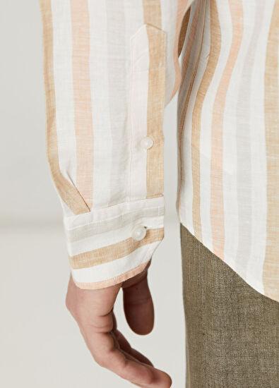 Beymen Club Comfort Fit Beyaz Somon Çizgi Desenli Keten Gömlek - 7