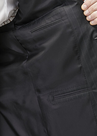 Lacivert Çizgi Desenli Yün Takım Elbise - Görsel 12