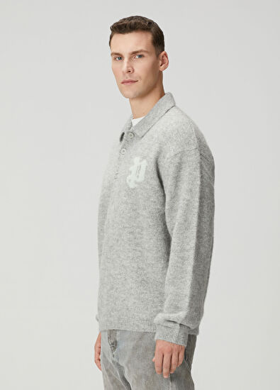 Purple Brand Açık Gri Polo Yaka Logo Jakarlı Yün Kazak - 3