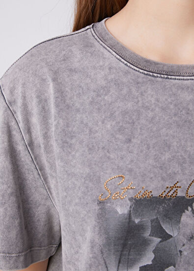 Beymen Club Gri Baskılı Asit Yıkamalı T-shirt - 7