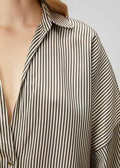 Beymen Club Bej Kahve Çizgili Saten Gömlek - 6
