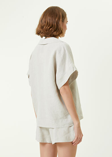 Beymen Club Bej Polo Yaka Logolu Keten Bluz - 6